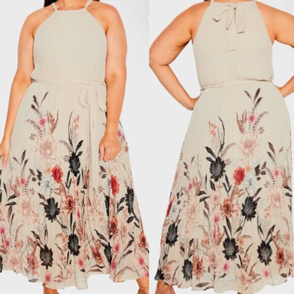 City Chic Rebecca Pleated Floral Belted Maxi Halter Dress XXL NWT - Picture 1 of 9